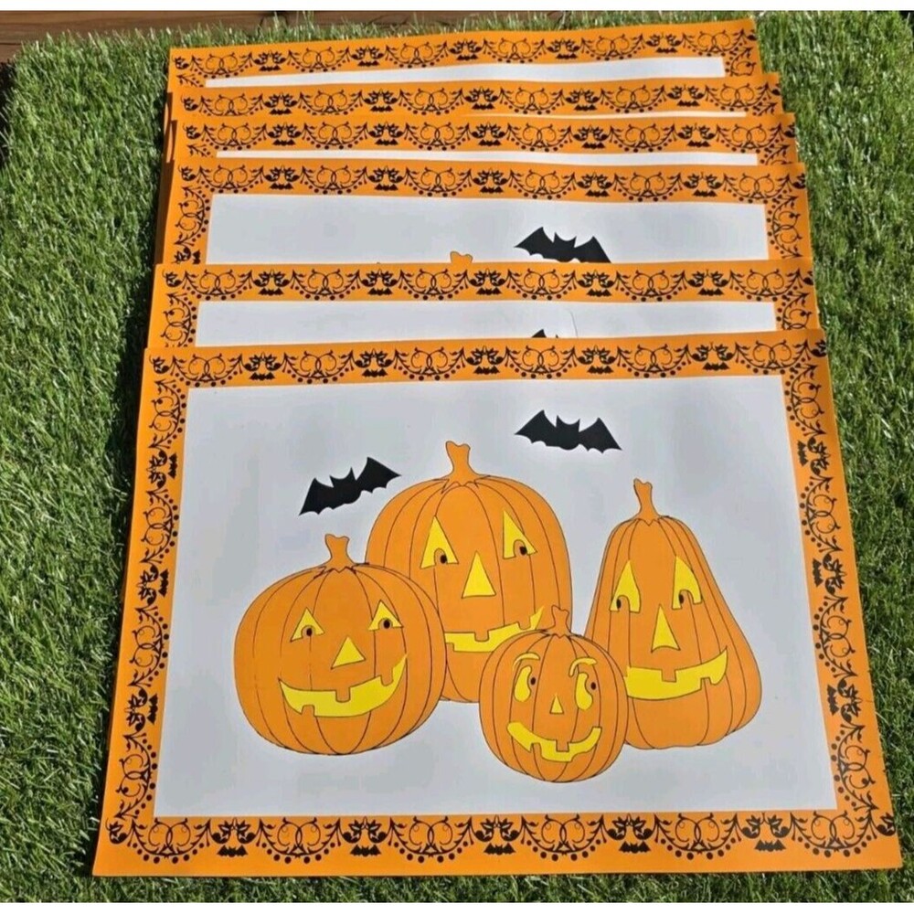 Totally Ghoul Placemats Orange Black Set of 6 Pumpkin Jack O Lantern Bats 12x17